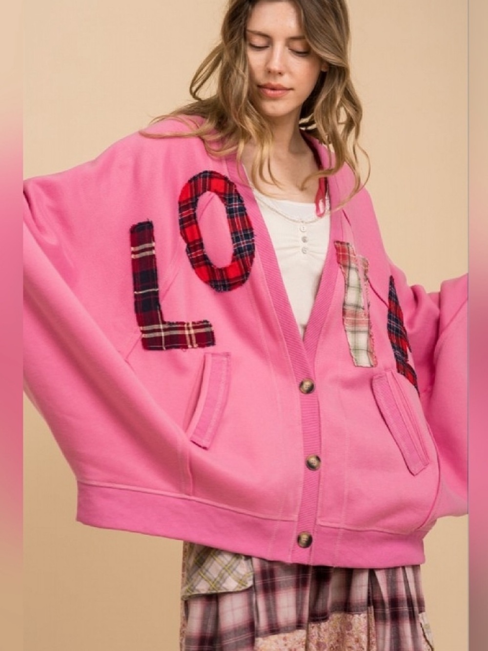 BlueVelvet Love patchwork sweater Pink Plaid Letter Appliqué Oversized Cardigan